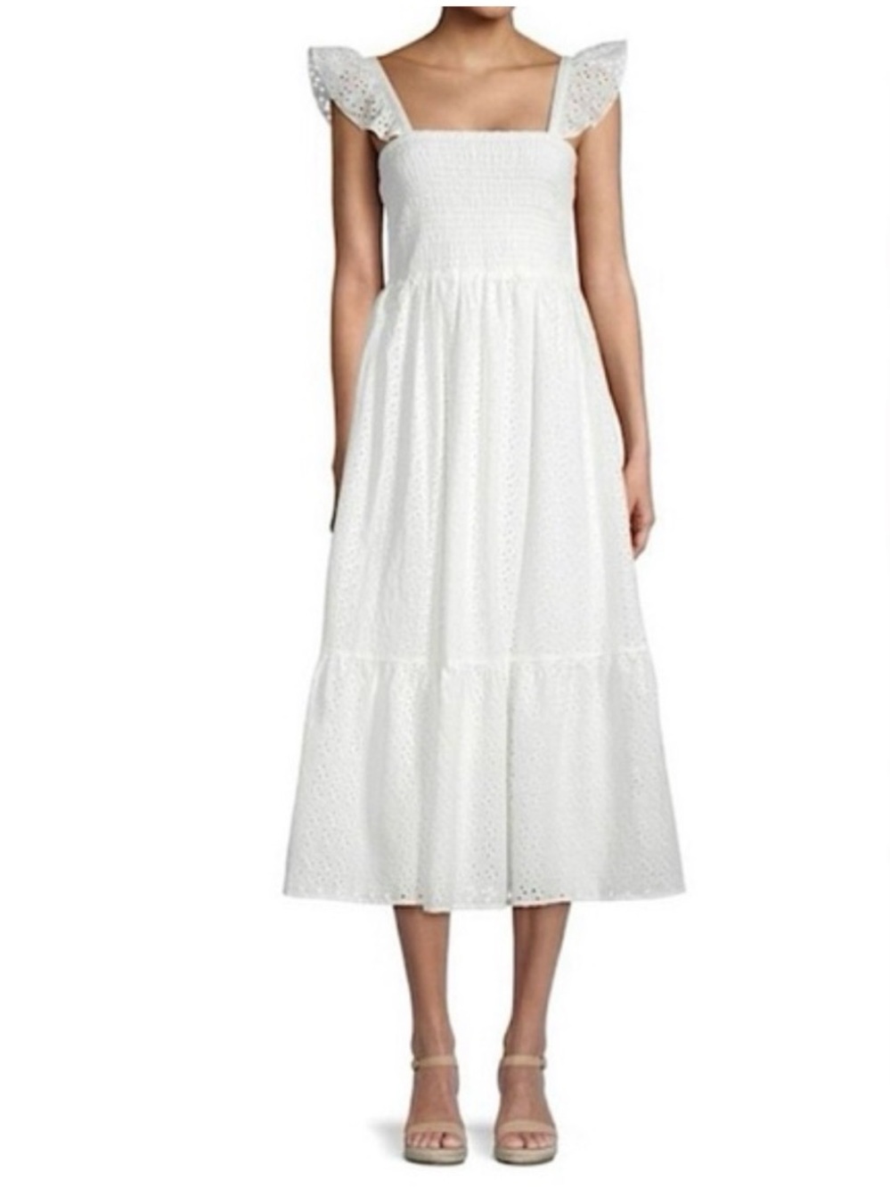 NWT Nanette Lepore White Eyelet Midi Dress with Flutter Straps